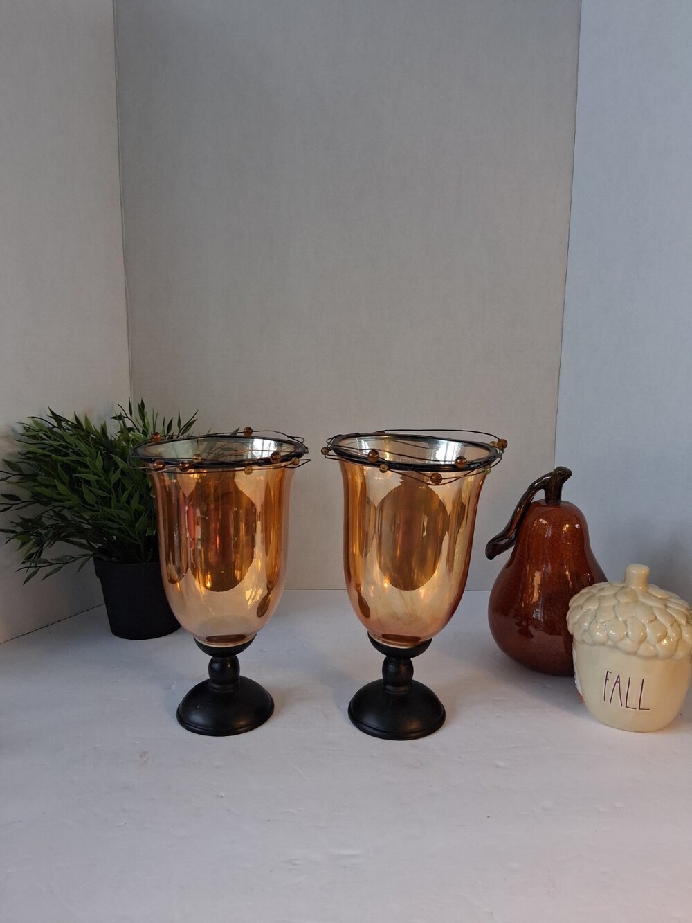 Vintage Amber Glass Hurricane Candle Holders Pair Iridescent Gold Pedestal Set 2